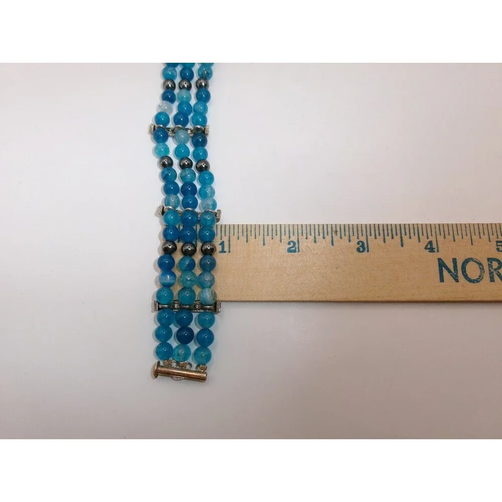 Blue Agate Beaded Bracelet 3 Strands  Hematite Silver & Gold Tone Handmade 6.5